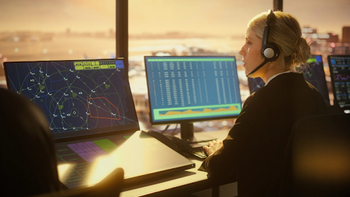 Air traffic controller monitoring radar screens with headset illustrating PSTN switchoff and transition to cloud communication systems.